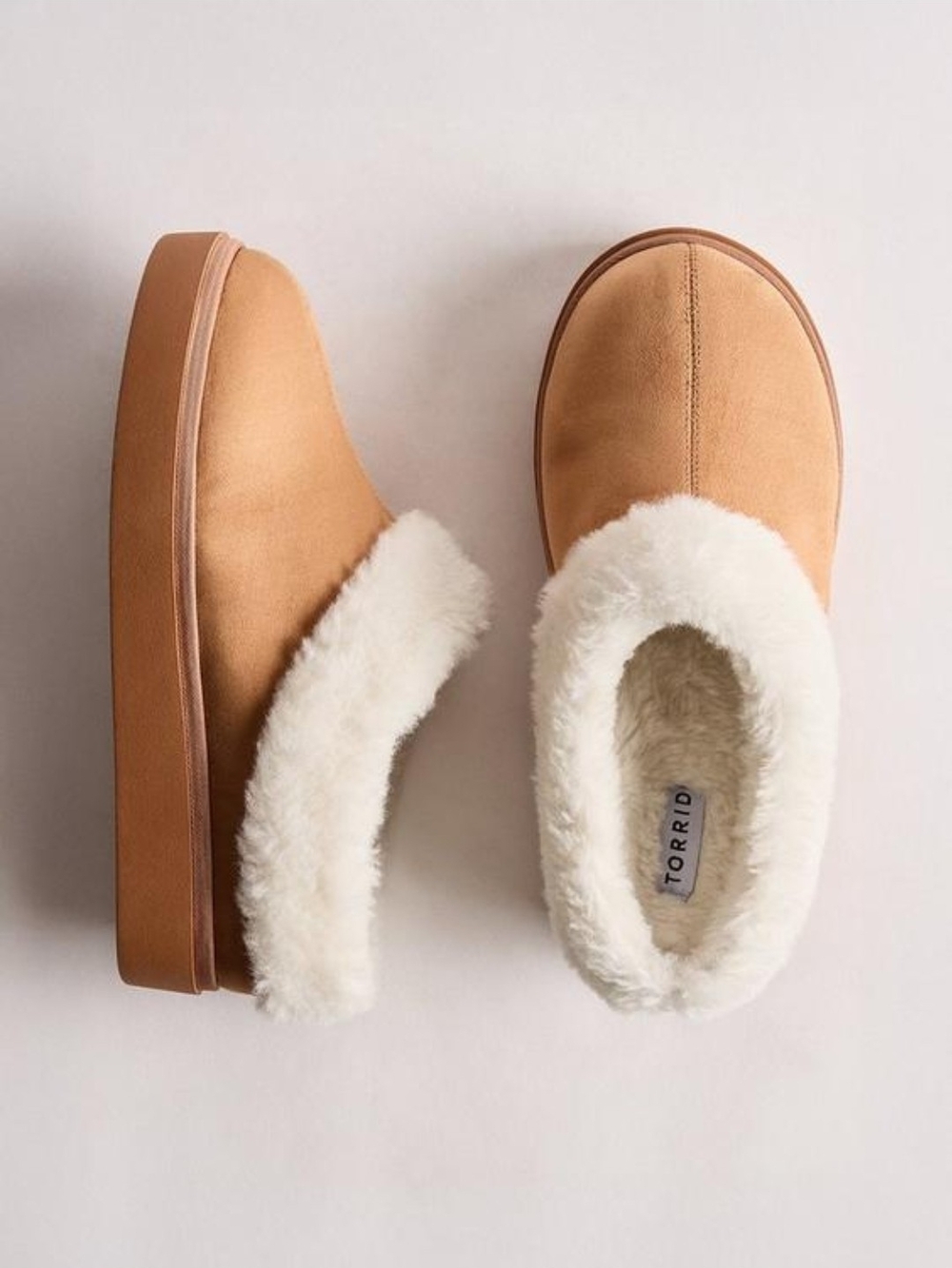 torrid Tan Faux-Suede Slip-On Slippers with Cream Faux-Shearling Trim